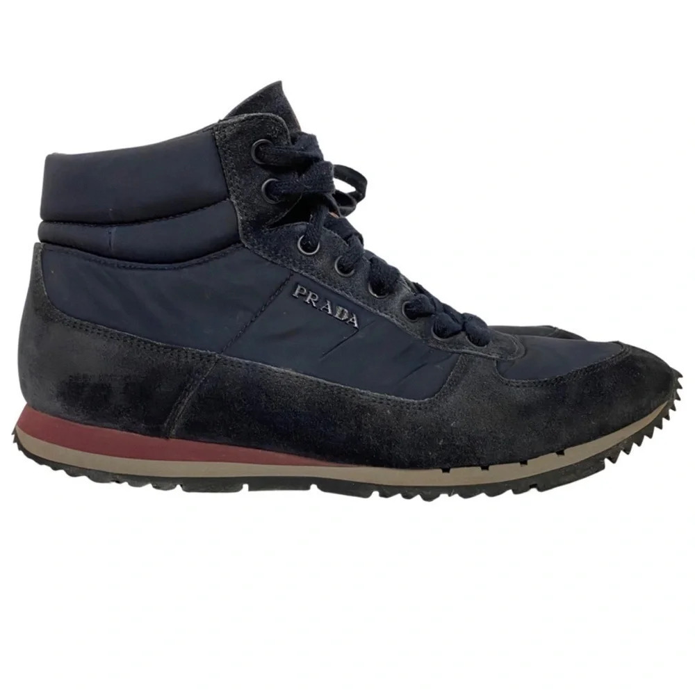 Prada Hightop Sneakers Mens Size 6 Womens 8 Unisex Retro Navy Blue Suede Shoes - Picture 16 of 16